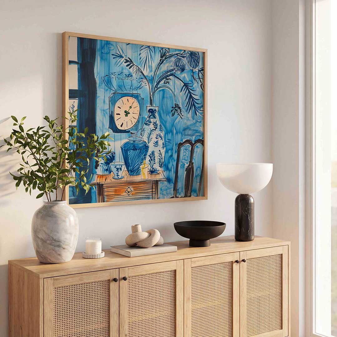 Blauwe interieur – illustratie poster in vierkant formaat
