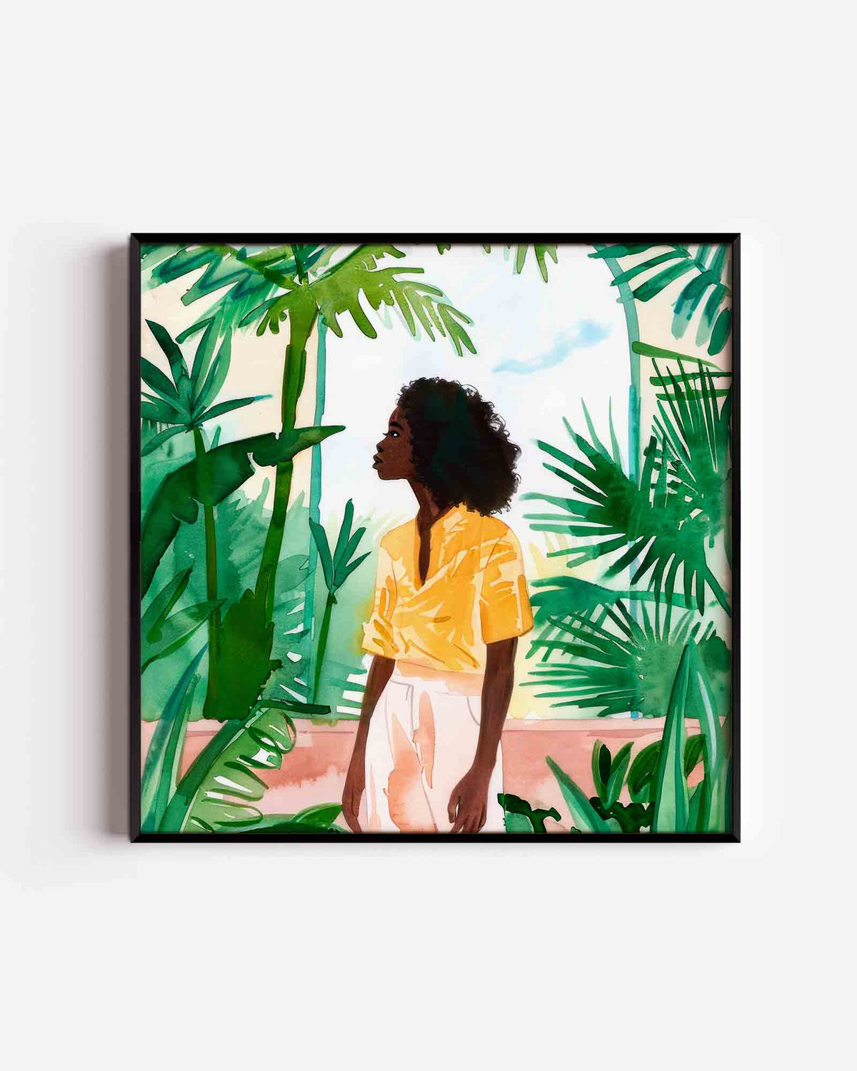Vrouw tussen groene bladeren – kleurrijke illustratie poster als wanddecoratie