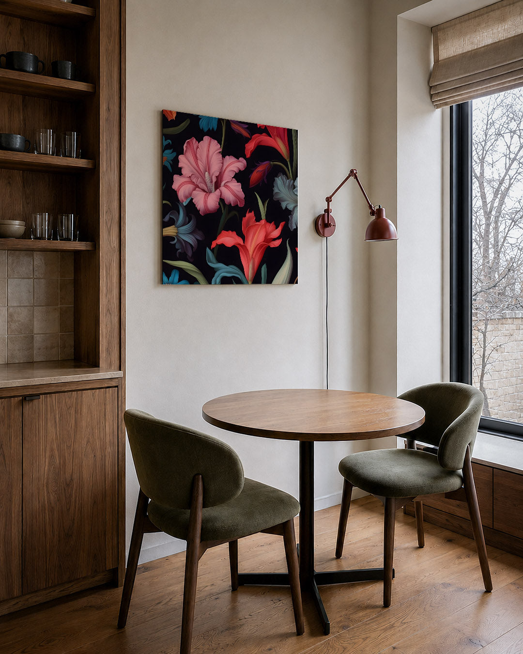 Bloemenpracht op zwart kunstwerk – derde productweergave – dit kunstwerk toont levendige bloemen in roze, rood en blauw tegen