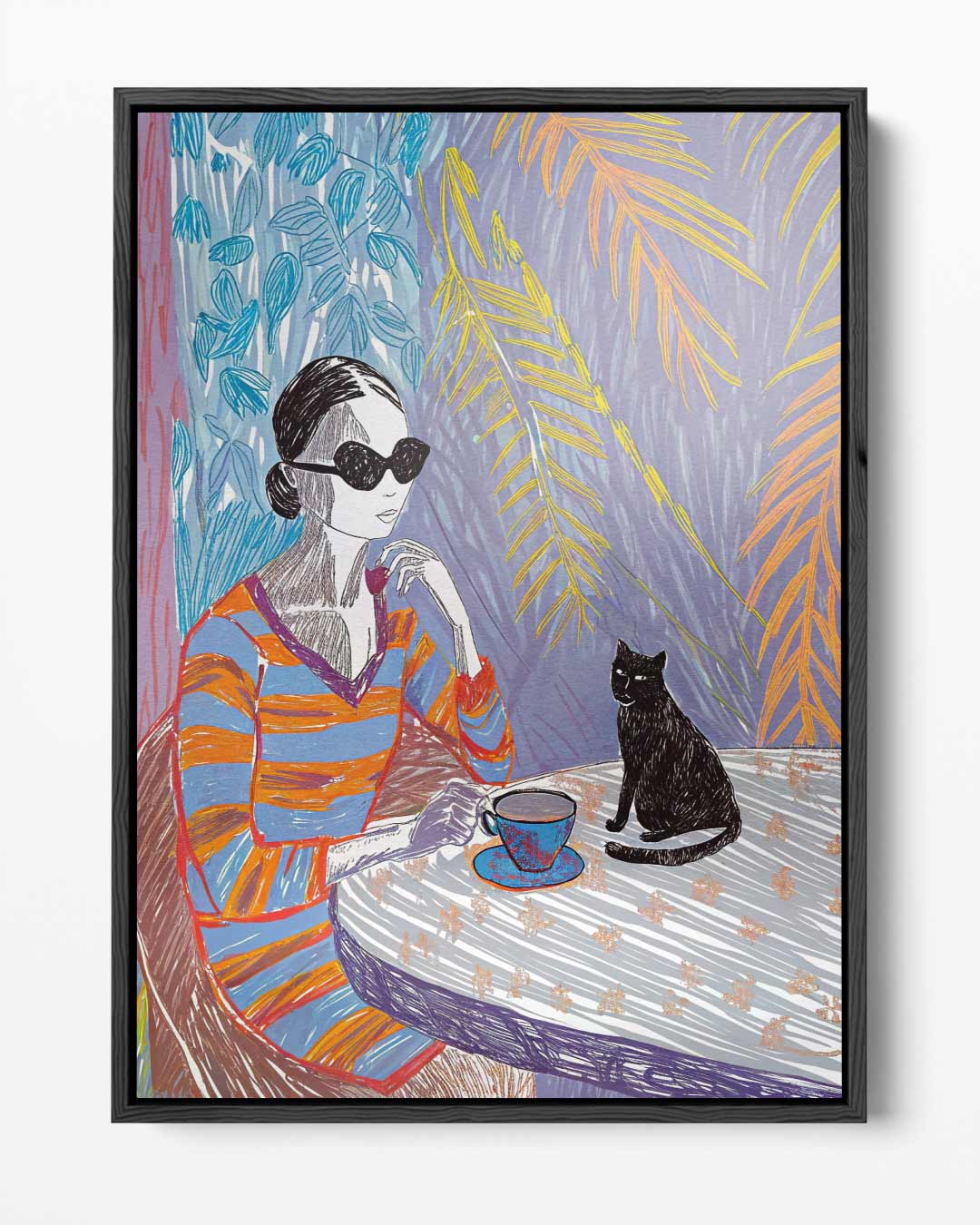 Ontspanmomentje met Koffie en Kat – portret kunstwerk als wanddecoratie