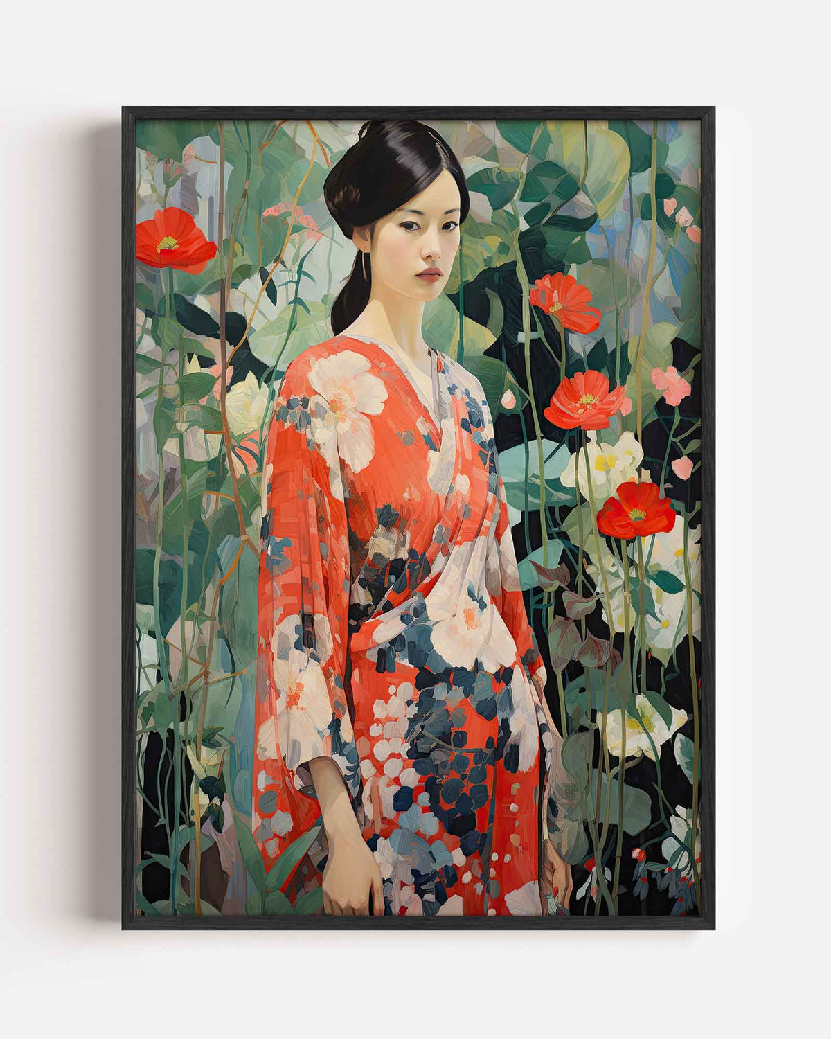 Vrouw in kimono met bloemen – Aziatische portret poster als wanddecoratie