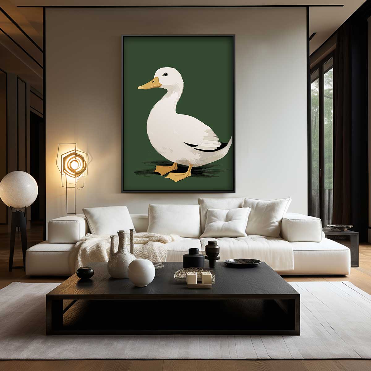 Liefdesvolle Eend in het Groen – canvas wanddecoratie in portret formaat