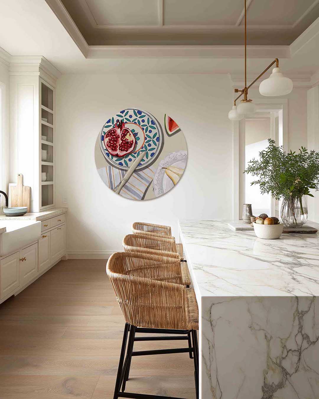 Fruit en servies – abstracte muurcirkel als ronde wanddecoratie