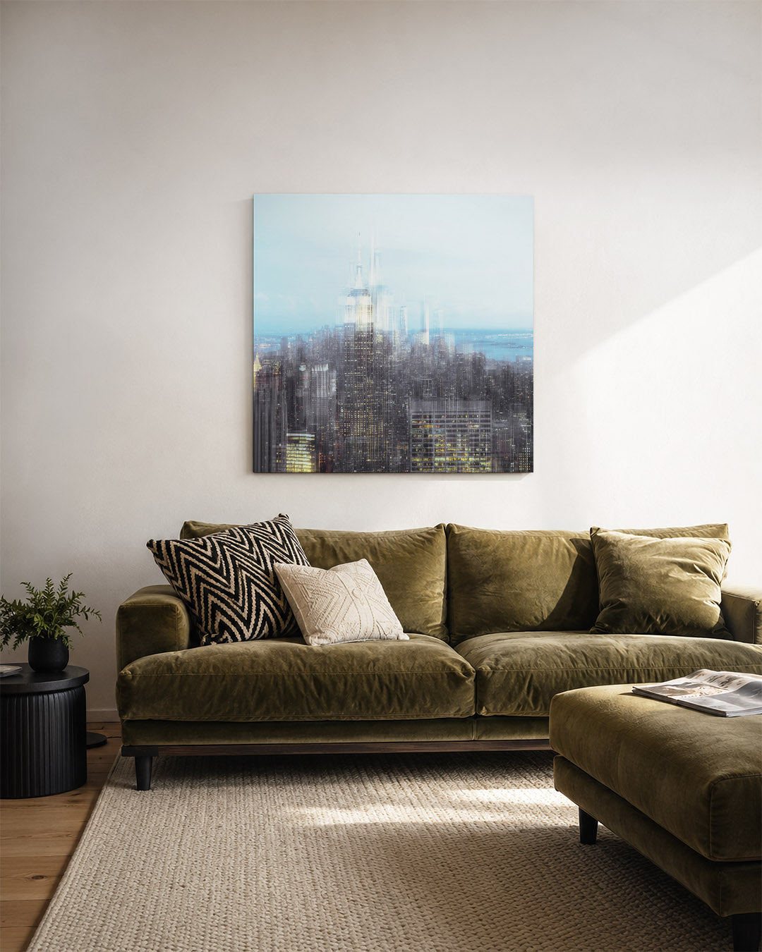 Stedelijke droom kunstwerk – derde productweergave – deze kunstwerk toont een vervaagde skyline met hoge gebouwen die in