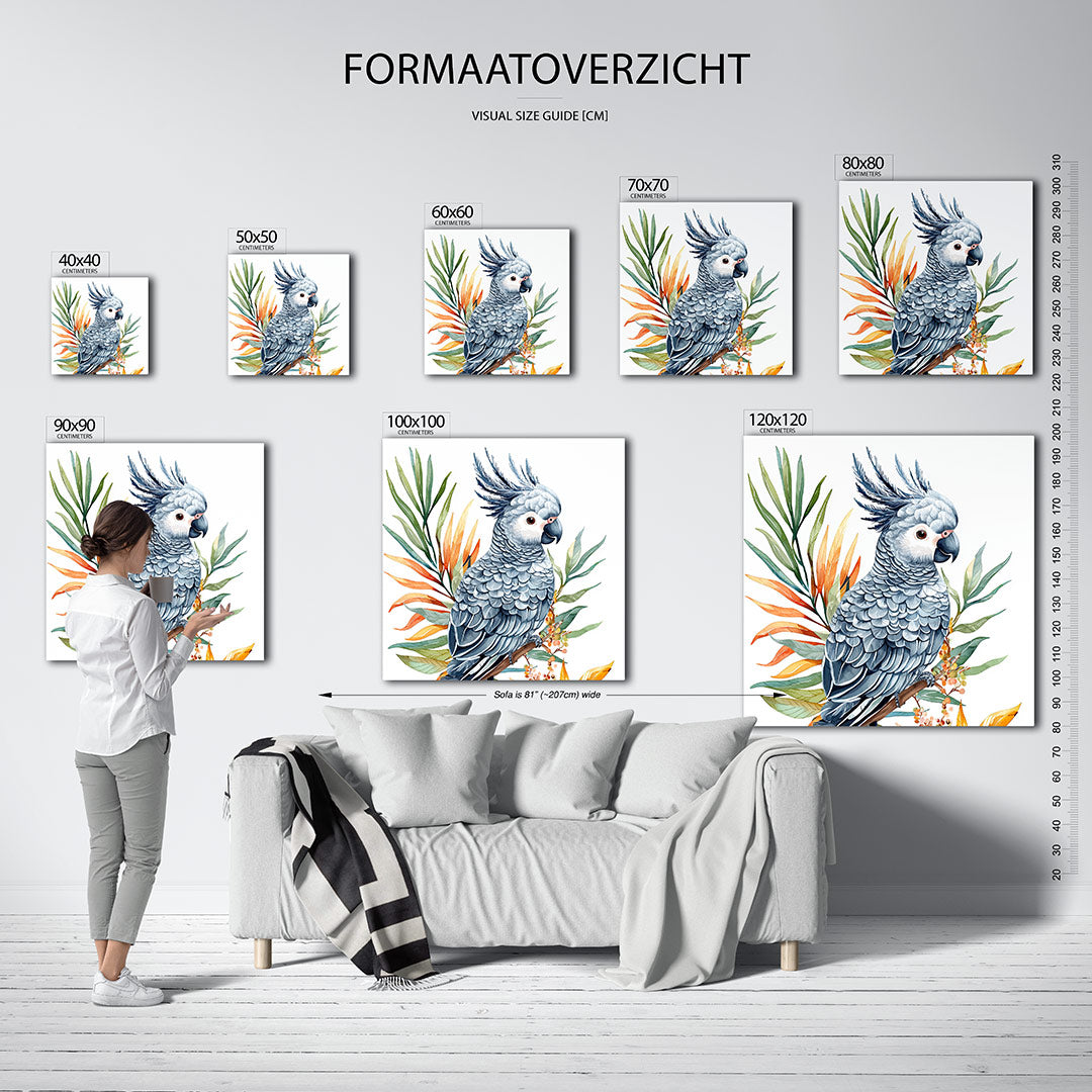 Vrolijke papegaai kunstwerk – dit werk toont een gedetailleerde papegaai met levendige bladeren. De compositie is dynamisch