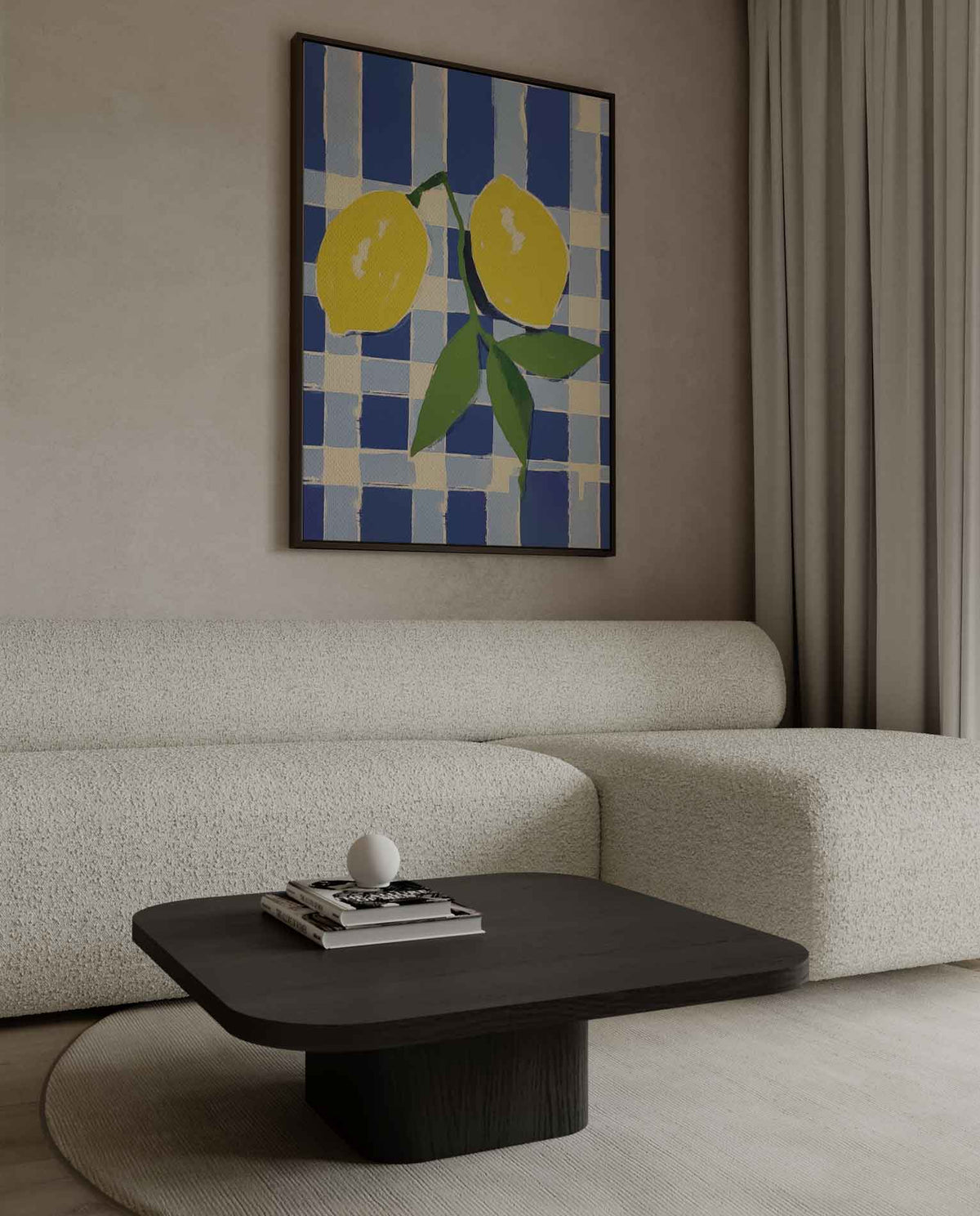 Zonnige Citroenen op Blauwe Schachtdoeken – canvas wanddecoratie in portret formaat