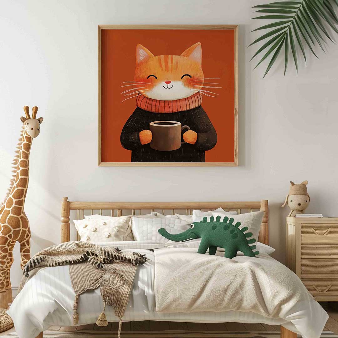 Kat met mok – vierkante kinderkamer wanddecoratie van WallArtistic