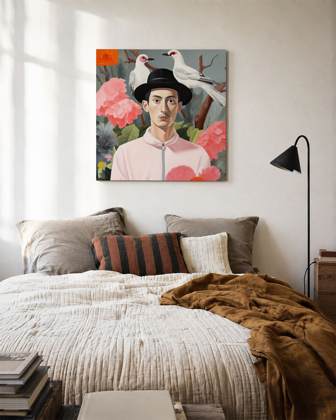 Vogels en bloemen portret kunstwerk – detailweergave – dit werk toont een man met een hoed, omringd door kleurrijke bloemen