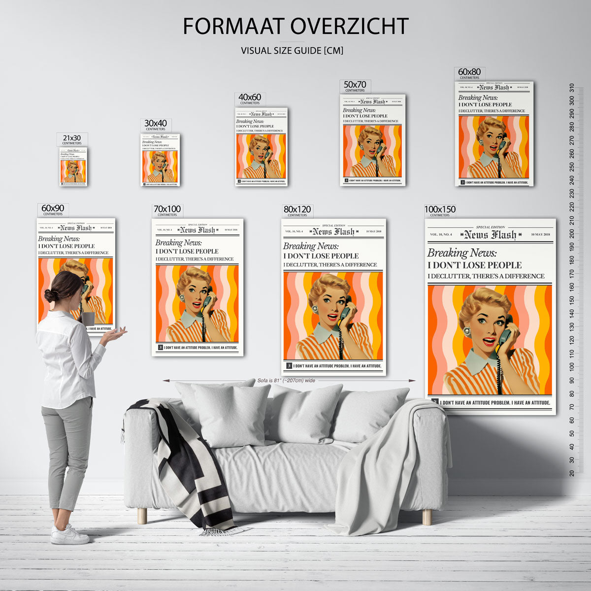 Vrouw met telefoon – staande muurposter in Pop Art stijl