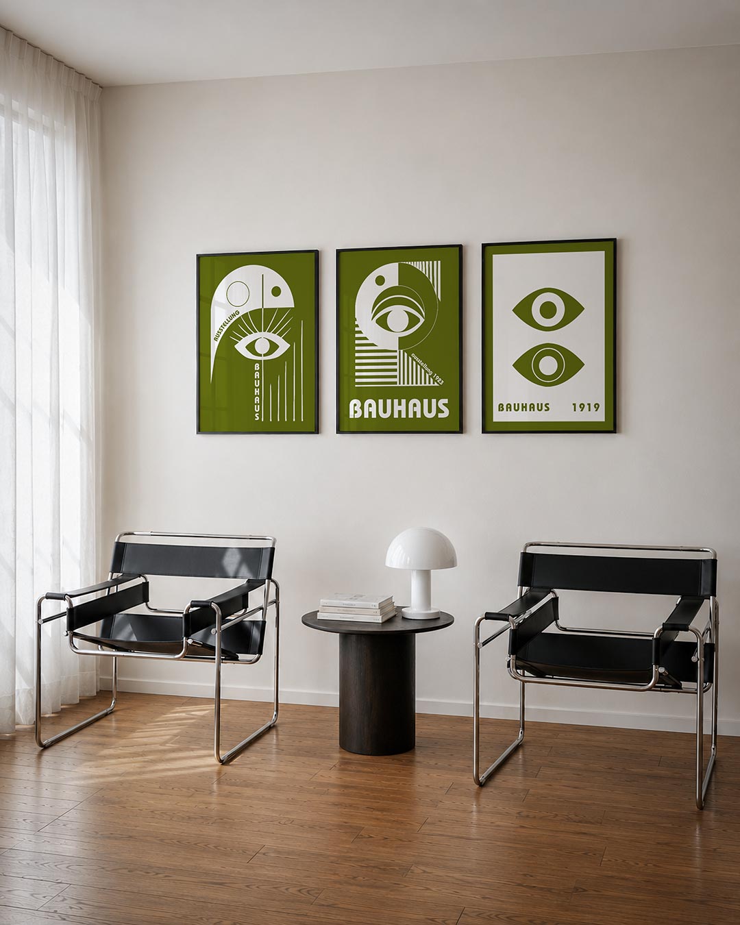 Oog en lijnen driedelige posterset – deze posterset in drie delen toont een wit oog met stralen op een olijfgroene