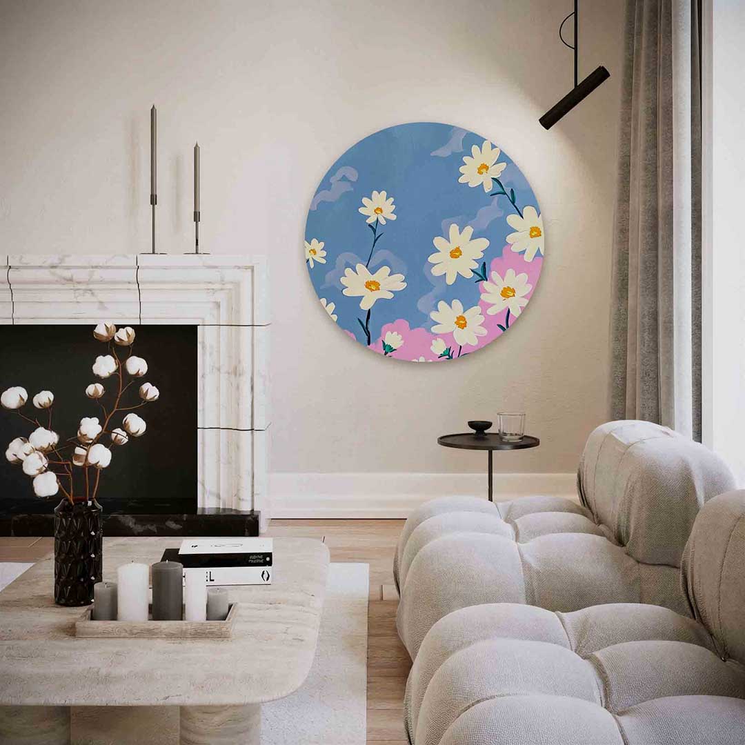 Bloemen op blauwe achtergrond – abstracte textuur muurcirkel als wanddecoratie