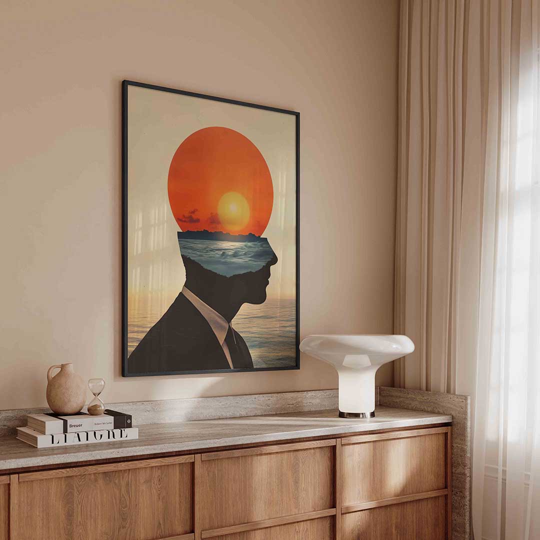 Silhouet met zonsondergang – surreal poster in staand formaat