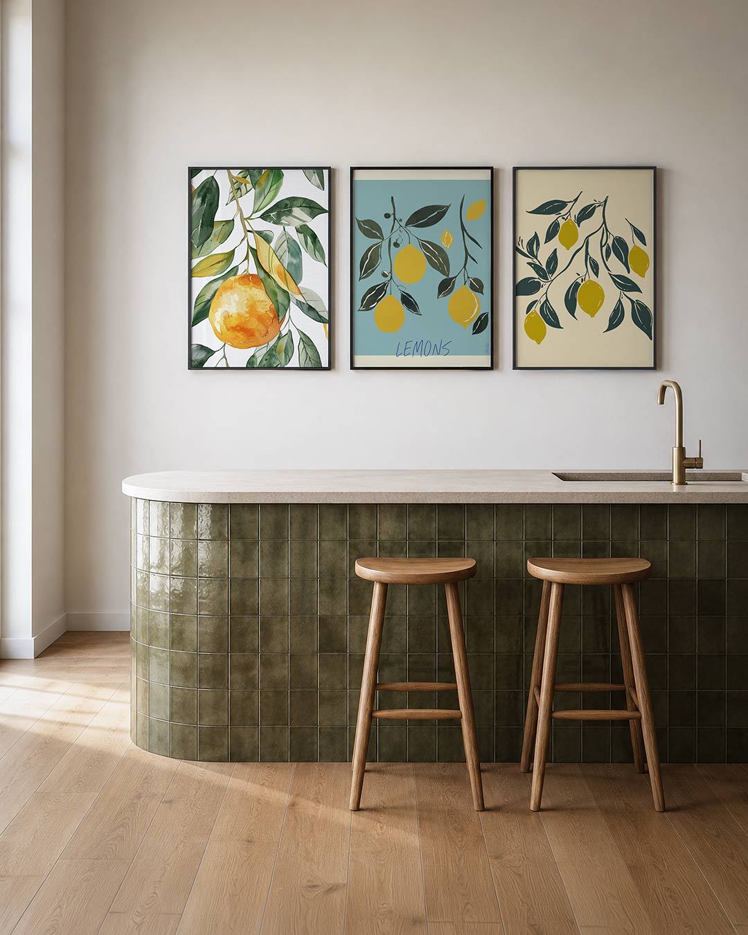 Fruitige kleurvlakken posterset – tweede productweergave – deze posterset in drie delen toont levendige oranje cirkels