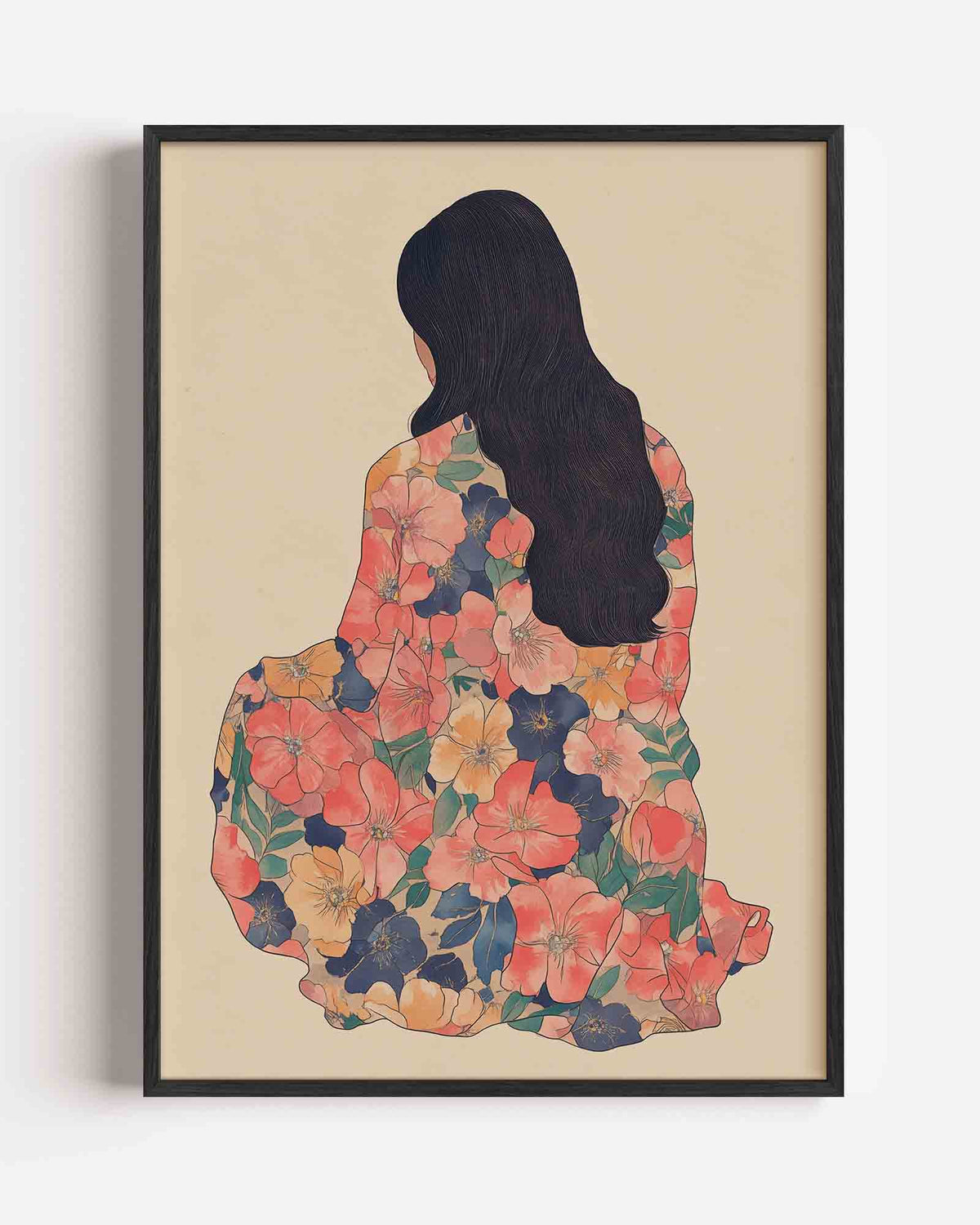 Vrouw met bloemenjurk – moderne portret poster als wanddecoratie