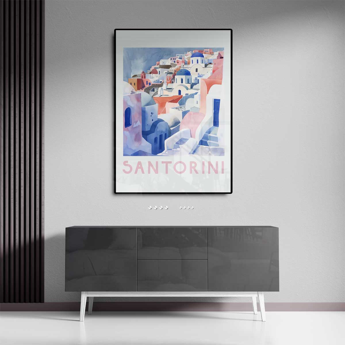 Santorini Droomlandschap – kunstwerk met zwarte baklijst