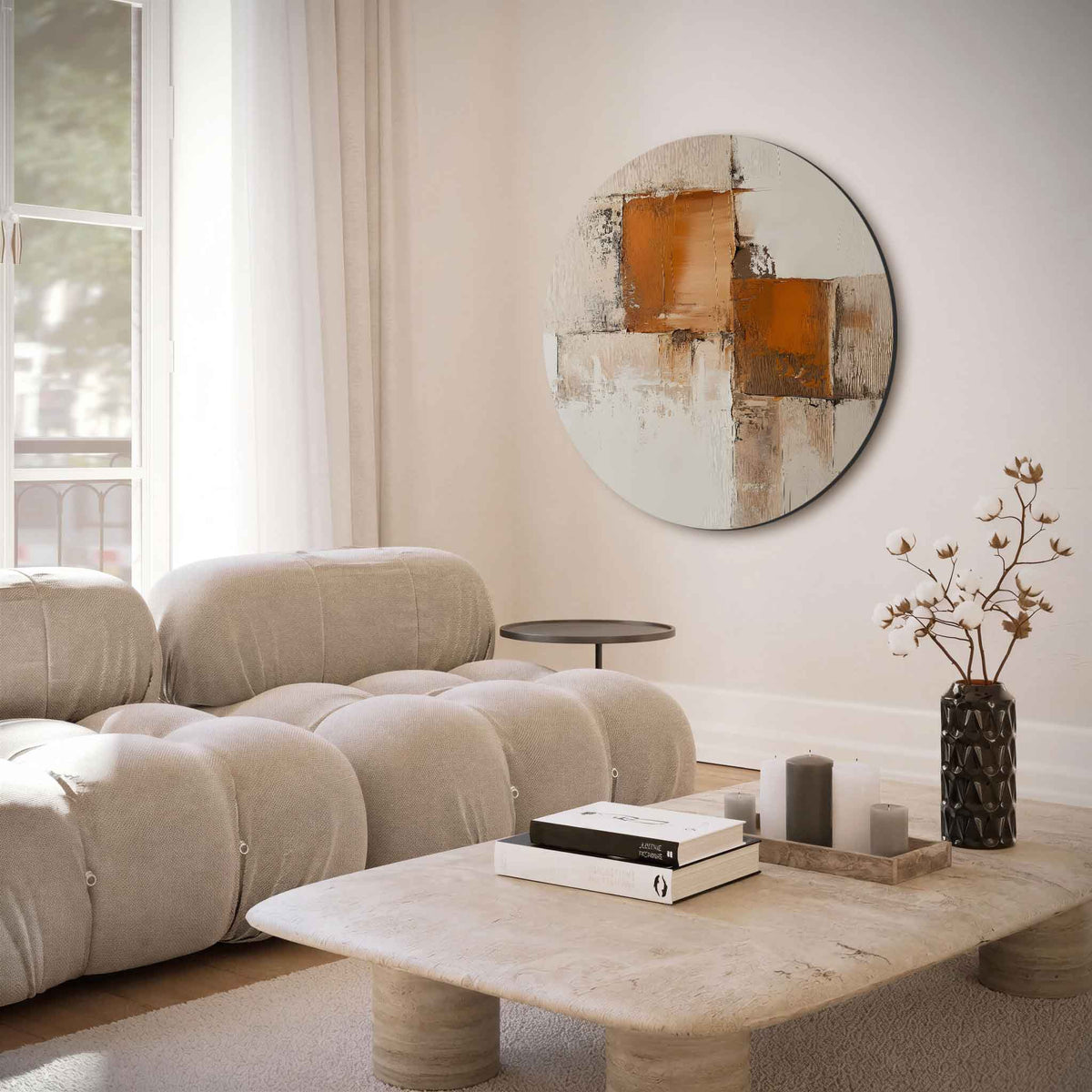 Abstracte beige en oranje – muurcirkel met abstracte texturen voor aan de muur