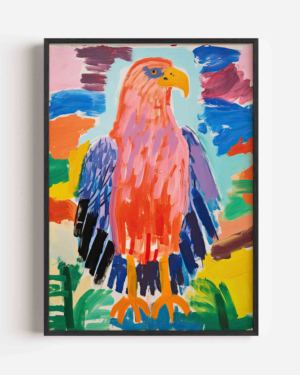 Vogel met kleurrijke veren – kids portret poster als wanddecoratie