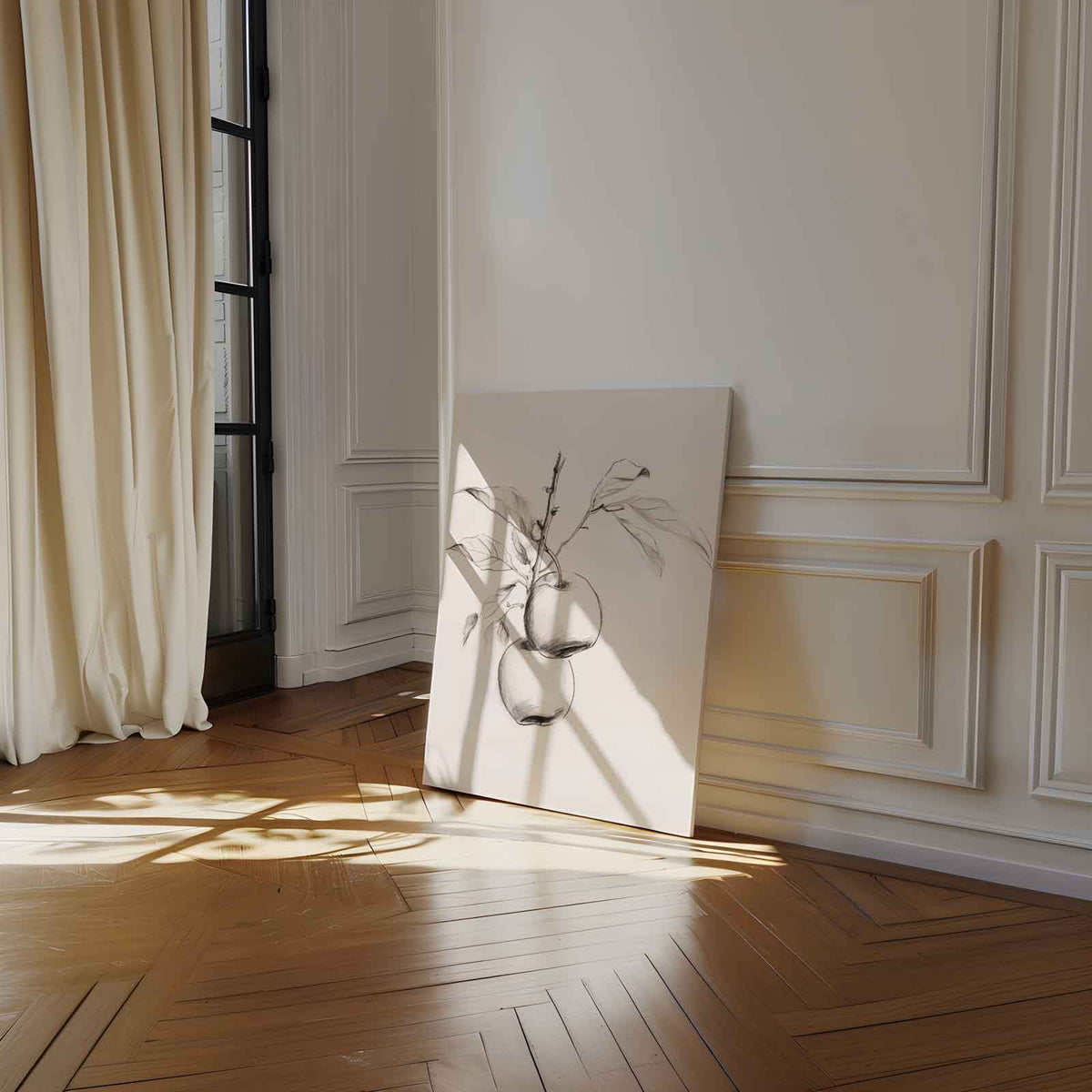 Sierlijke Potloodschets van Appeltak – canvas wanddecoratie in portret formaat