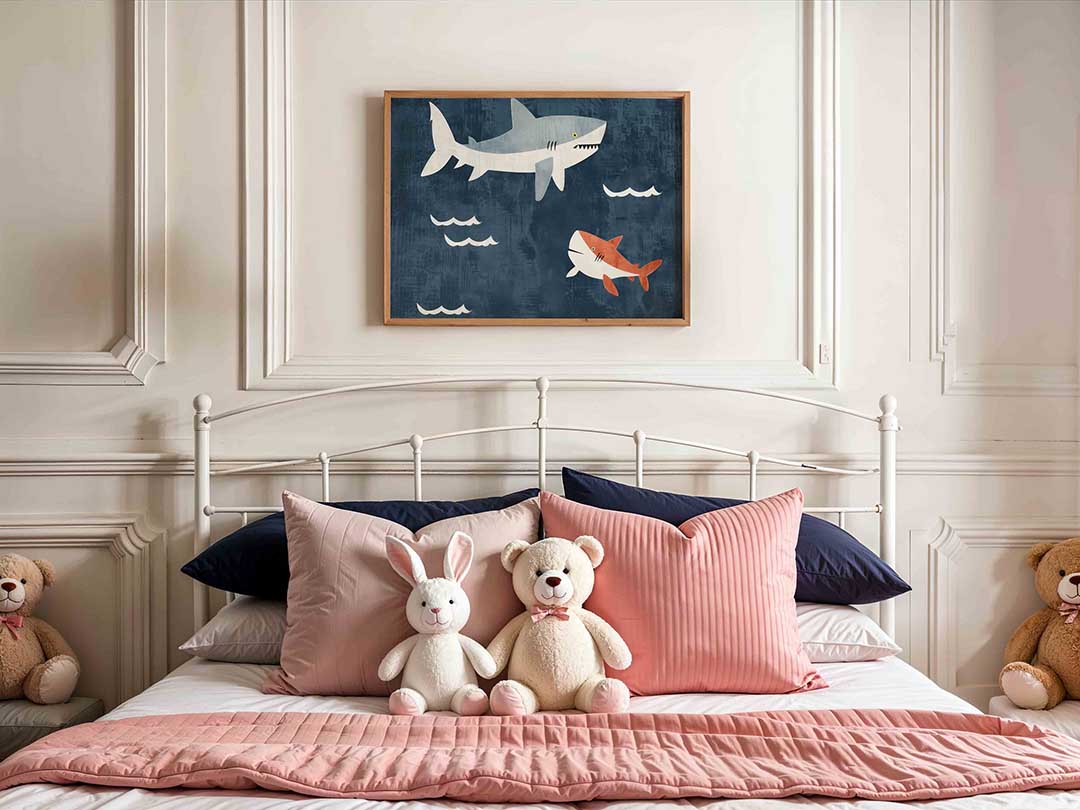 Twee haaien en golven – kids poster in liggend formaat