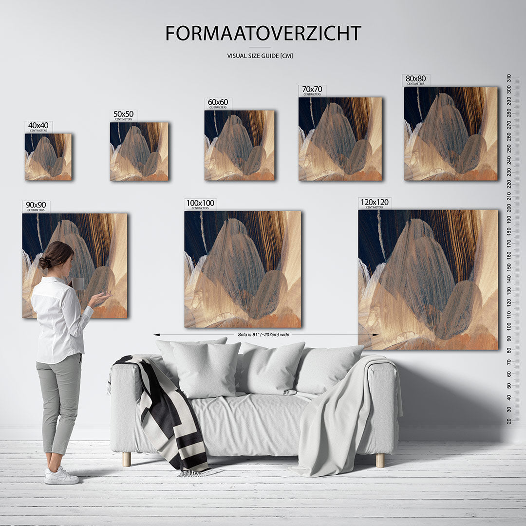 Penseelstreken kunstwerk – dit werk toont vloeiende penseelstreken in een harmonie van blauw, beige en oranje tinten, met