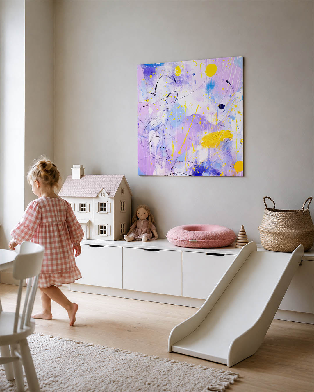 Kleurenexplosie kunstwerk – tweede productweergave – dit werk toont een levendige mix van vloeiende lijnen en spatten in