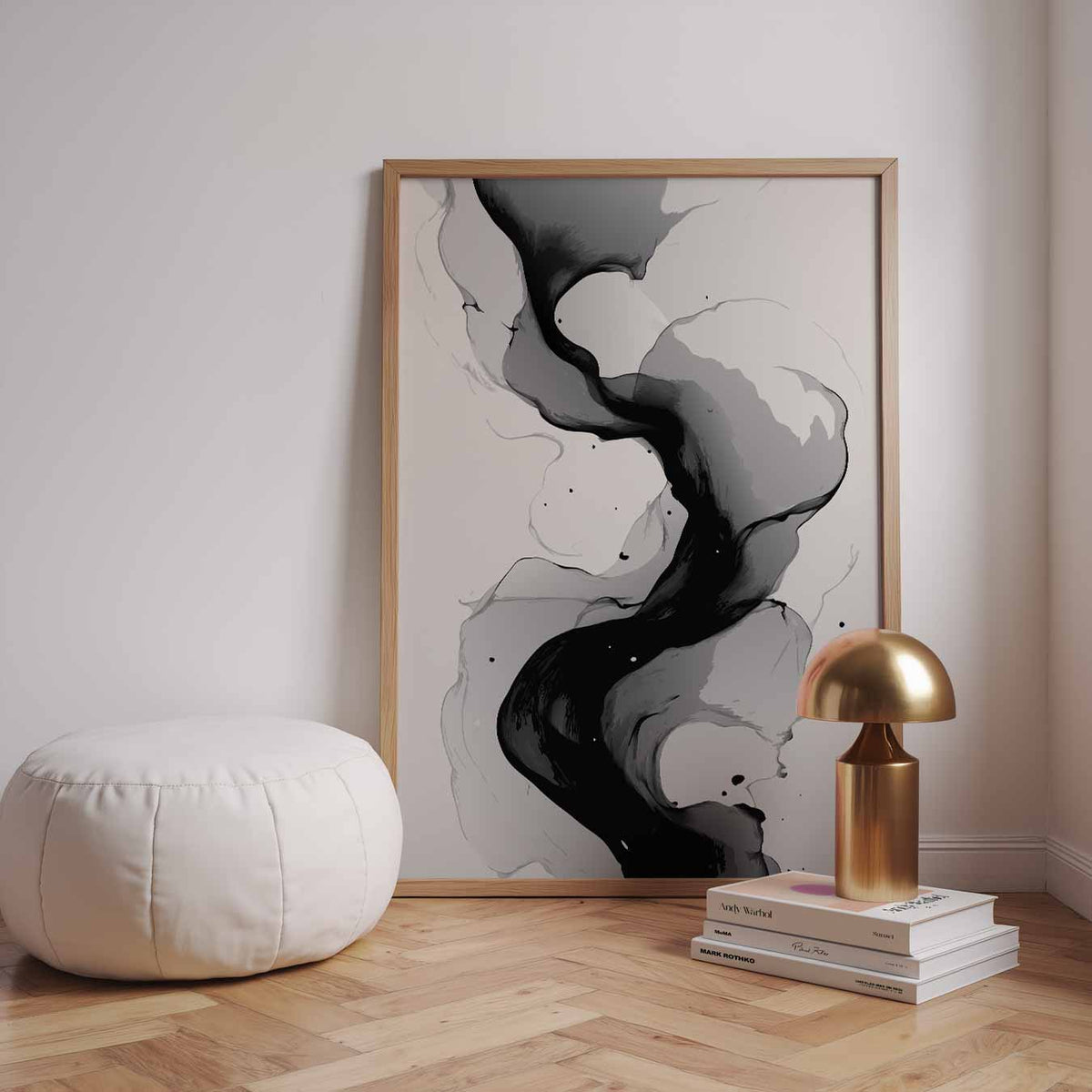Abstracte Elegantie in Zwart & Wit – staande kleurrijke abstracte wanddecoratie van WallArtistic