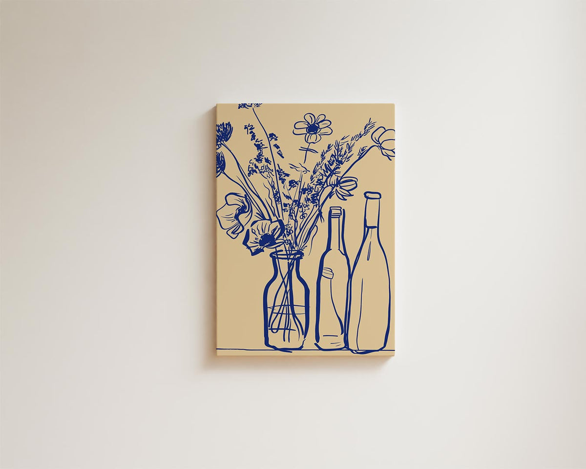Blauwe Bloemen in Flessen Schilderij – modern portret kunstwerk van WallArtistic