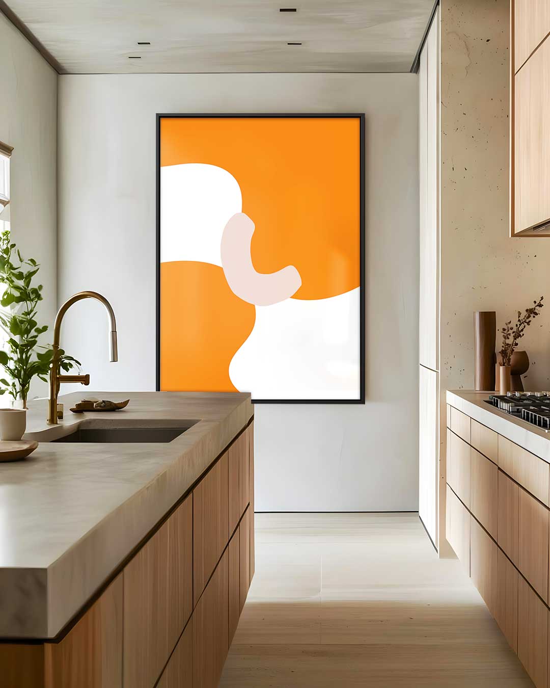 Speelse Oranje Golven – dibond wanddecoratie in staand formaat