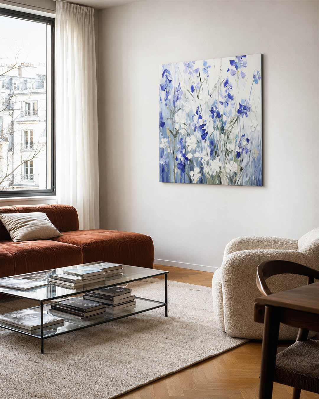 Bloemrijke harmonie kunstwerk – vierkante wanddecoratie – dit kunstwerk toont een levendige compositie van blauwe en witte
