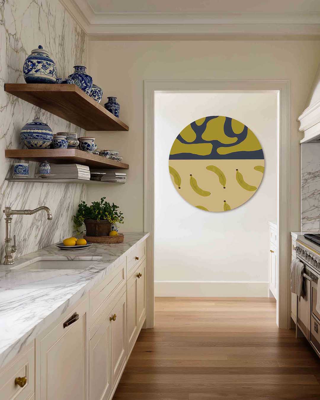 Bananen en vormen – moderne abstracte muurcirkel voor aan de muur