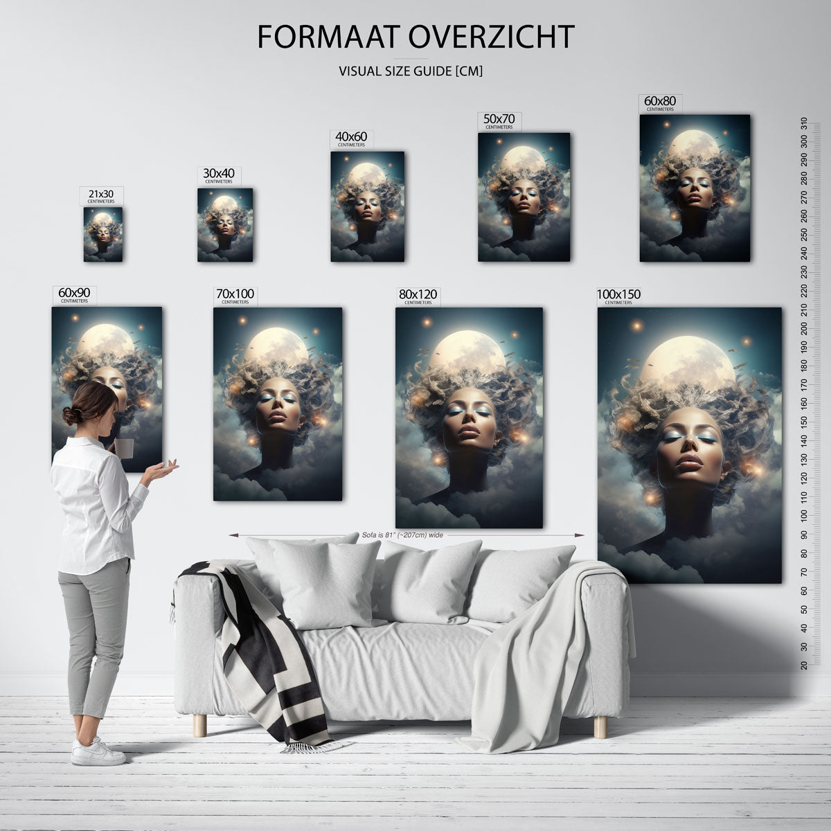 Vrouw met maan – staande muurposter met surrealistische uitstraling