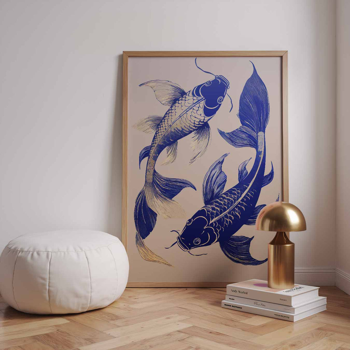 Elegante Blauwe Koi Kunstposter – zomerse wandkunst als portret poster
