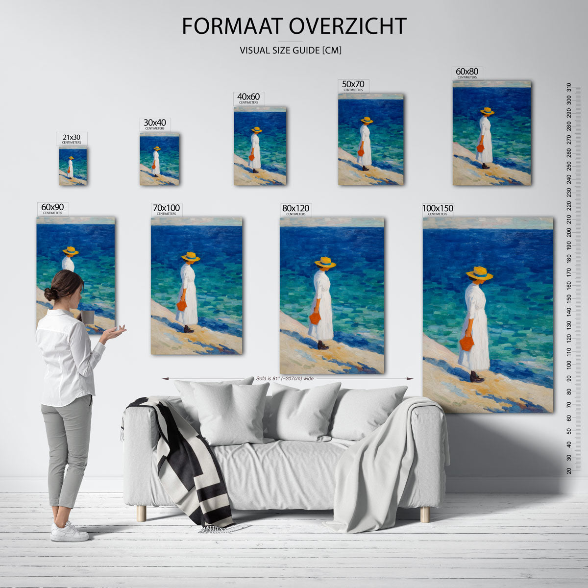 Vrouw bij zee – staande muurposter met kleurrijke abstracte vormen