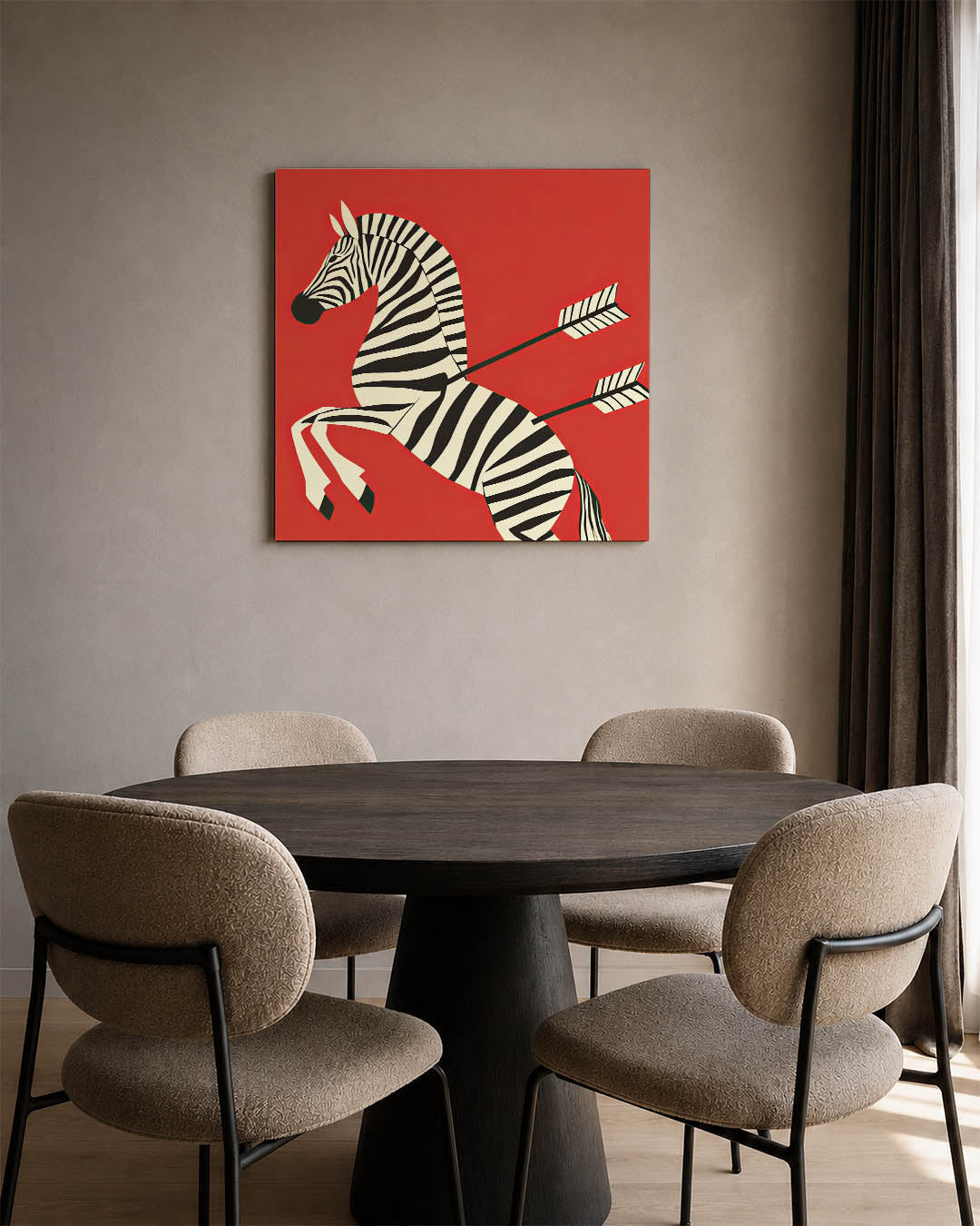 Gestreepte zebra illustratie kunstwerk – derde productweergave – dit toont een zebra met zwarte en witte strepen op een rode