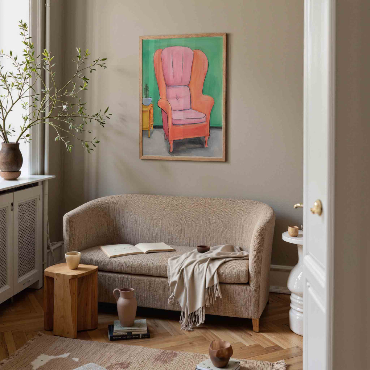 Roze fauteuil – botanische poster in staand formaat