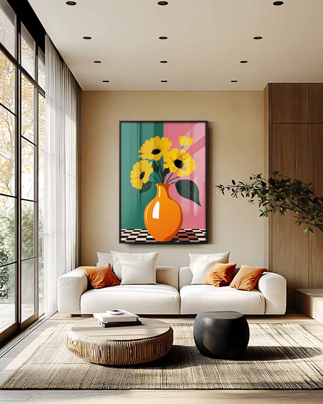 Zonnige Bloemen in Vaas – kunstwerk met zwarte baklijst
