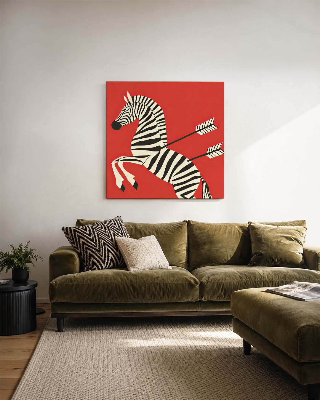 Gestreepte zebra illustratie kunstwerk – sfeerbeeld – dit toont een zebra met zwarte en witte strepen op een rode