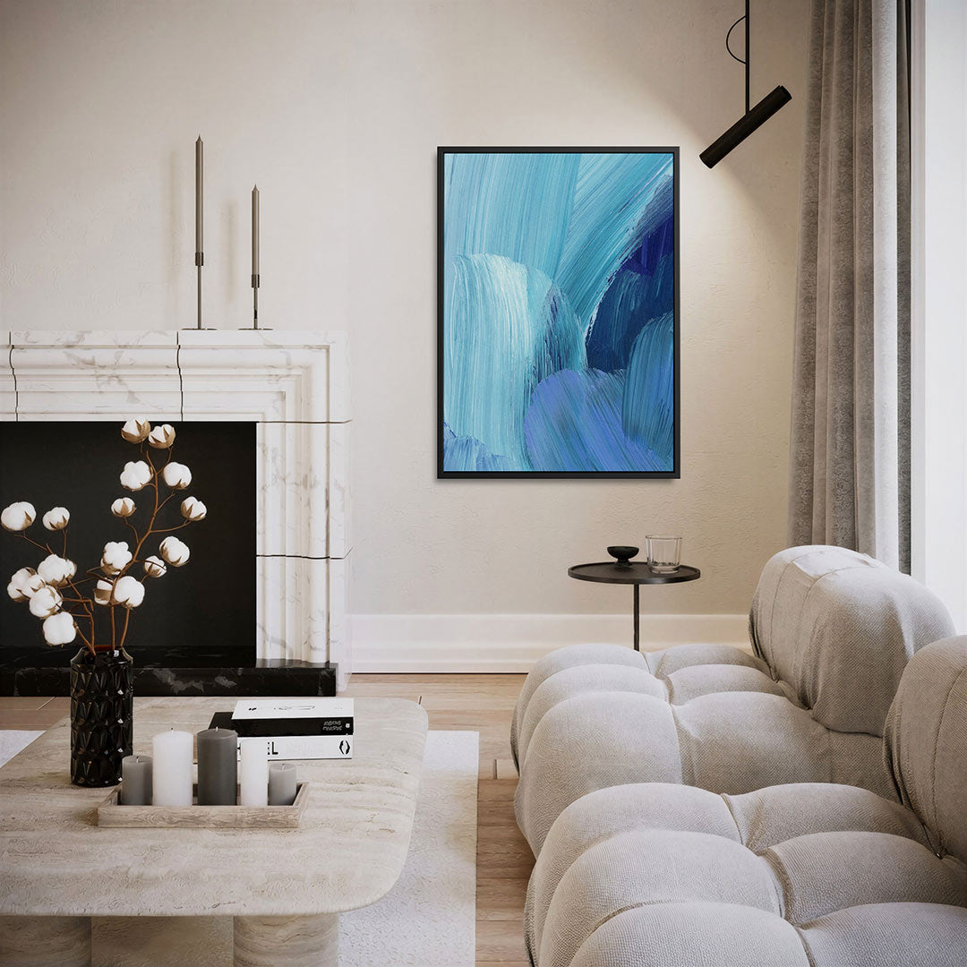 Dynamische blauwe strokes – moderne staande wandkunst