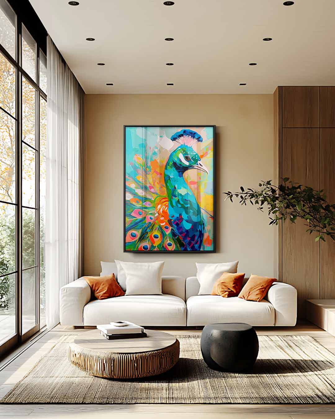 Kleurrijke Pauw Schilderij – modern portret kunstwerk van WallArtistic