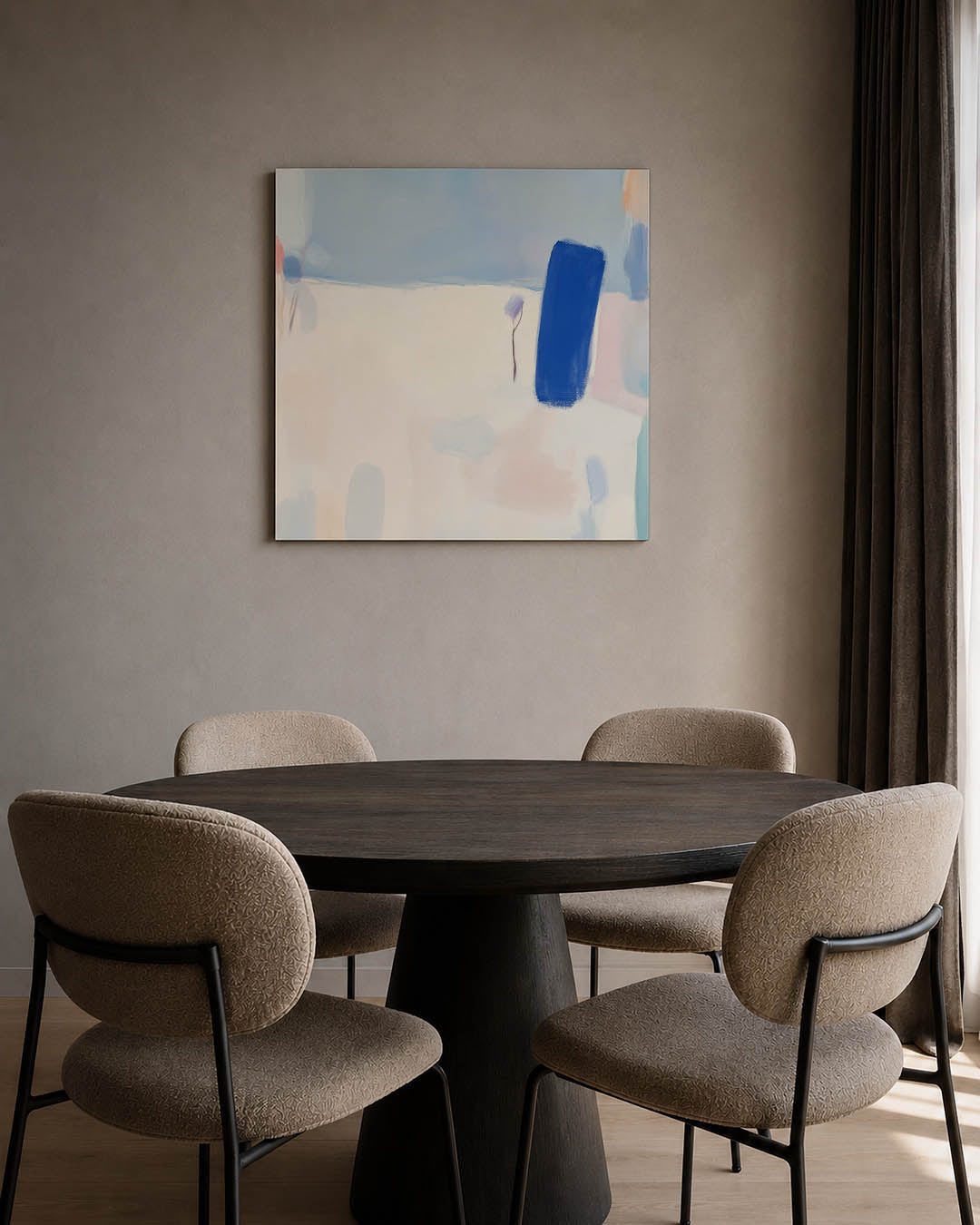 Kleurrijke vormen kunstwerk – tweede productweergave – dit kunstwerk toont een compositie van zachte kleuren en vloeiende