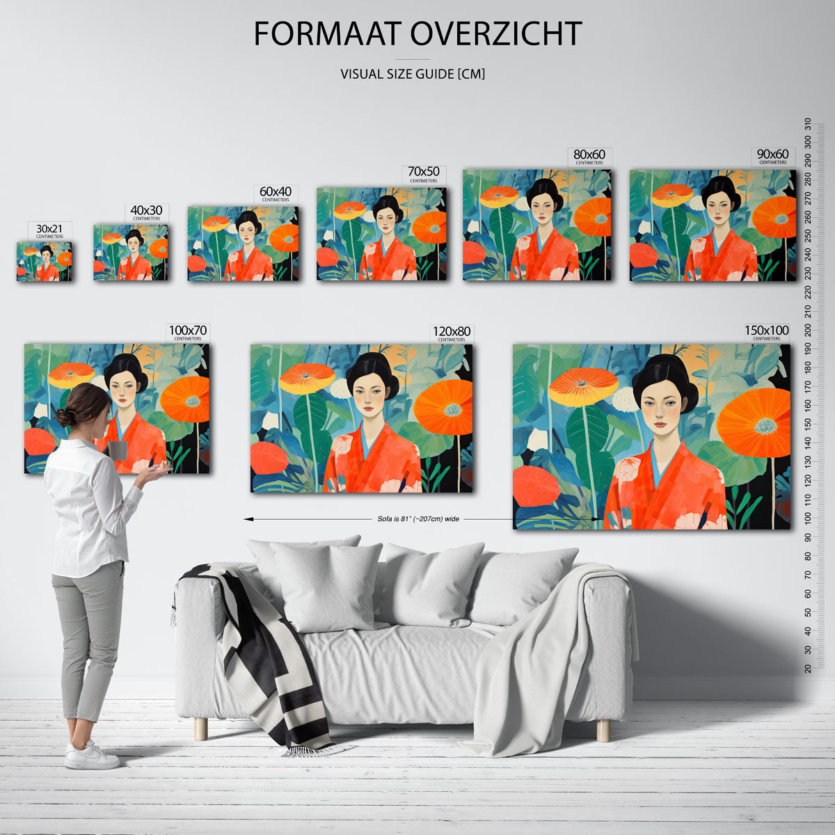 Vrouw in kimono met bloemen – liggende muurposter voor keuken of eethoek