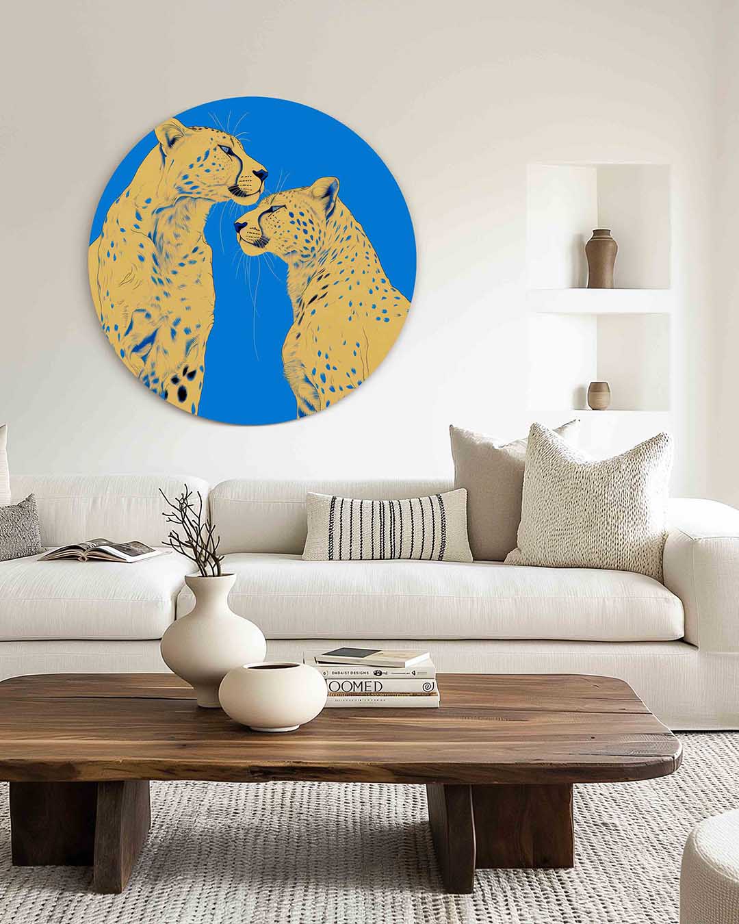 Twee cheeta's – muurcirkel met kleur en vormen voor aan de muur