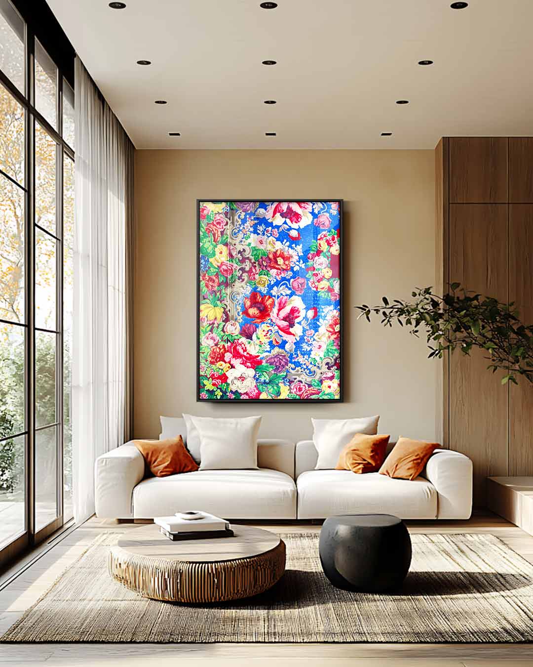 Bloemenpracht op Blauw – staand kunstwerk voor modern interieur