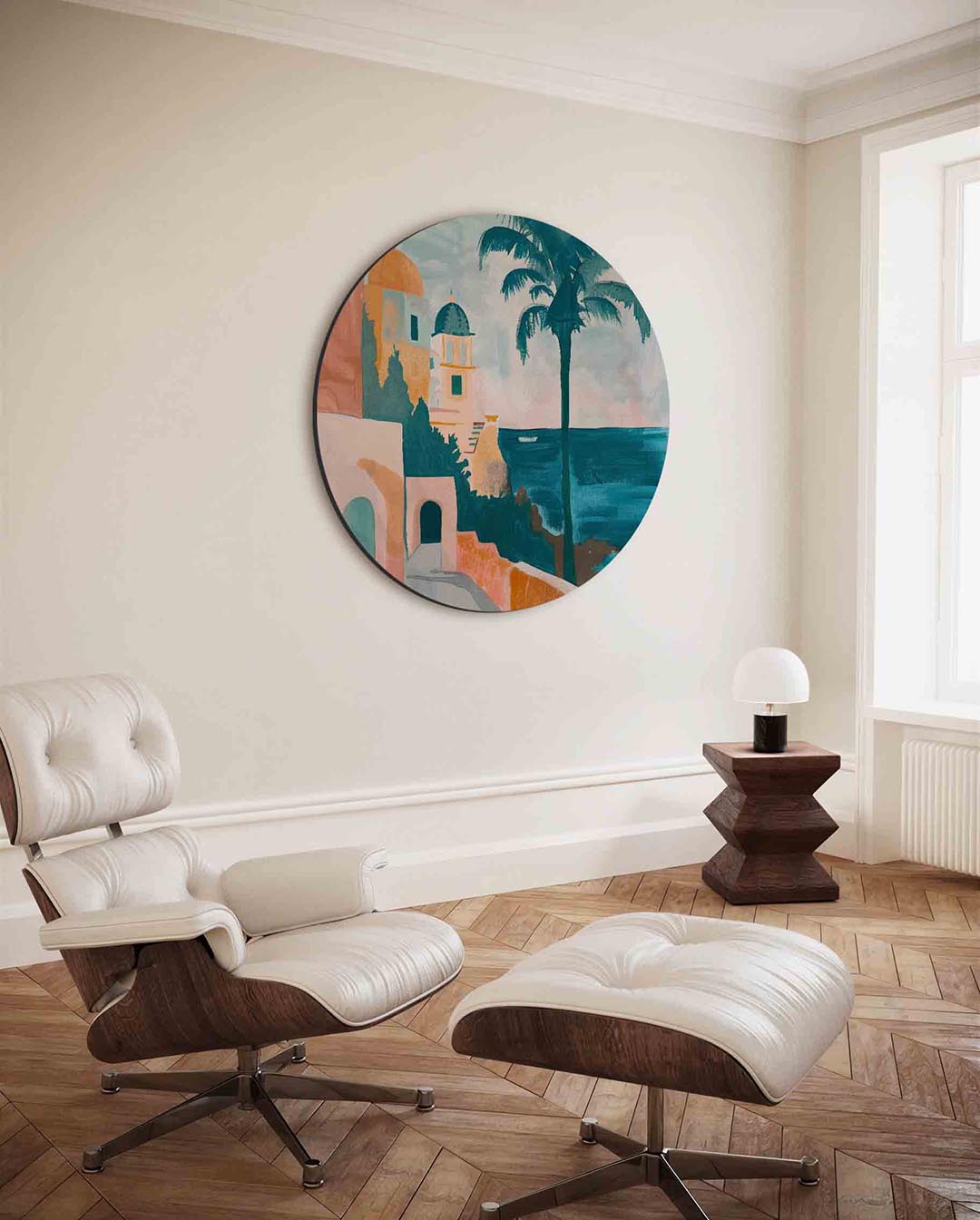 Mediterraans uitzicht – moderne ronde wanddecoratie van WallArtistic