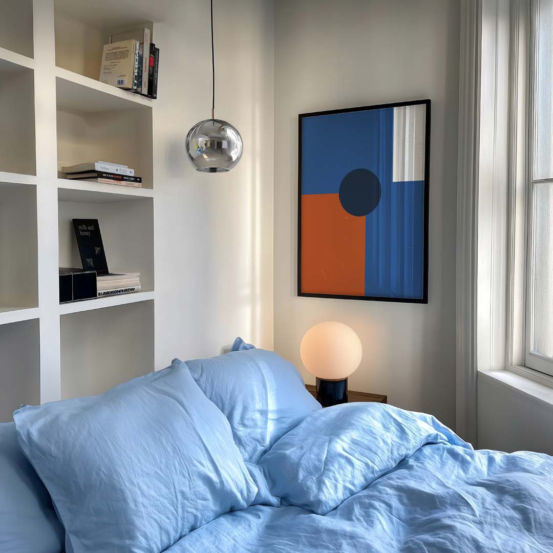 Stijlvolle Blauwe Geometrische – staande kleurrijke abstracte wanddecoratie van WallArtistic