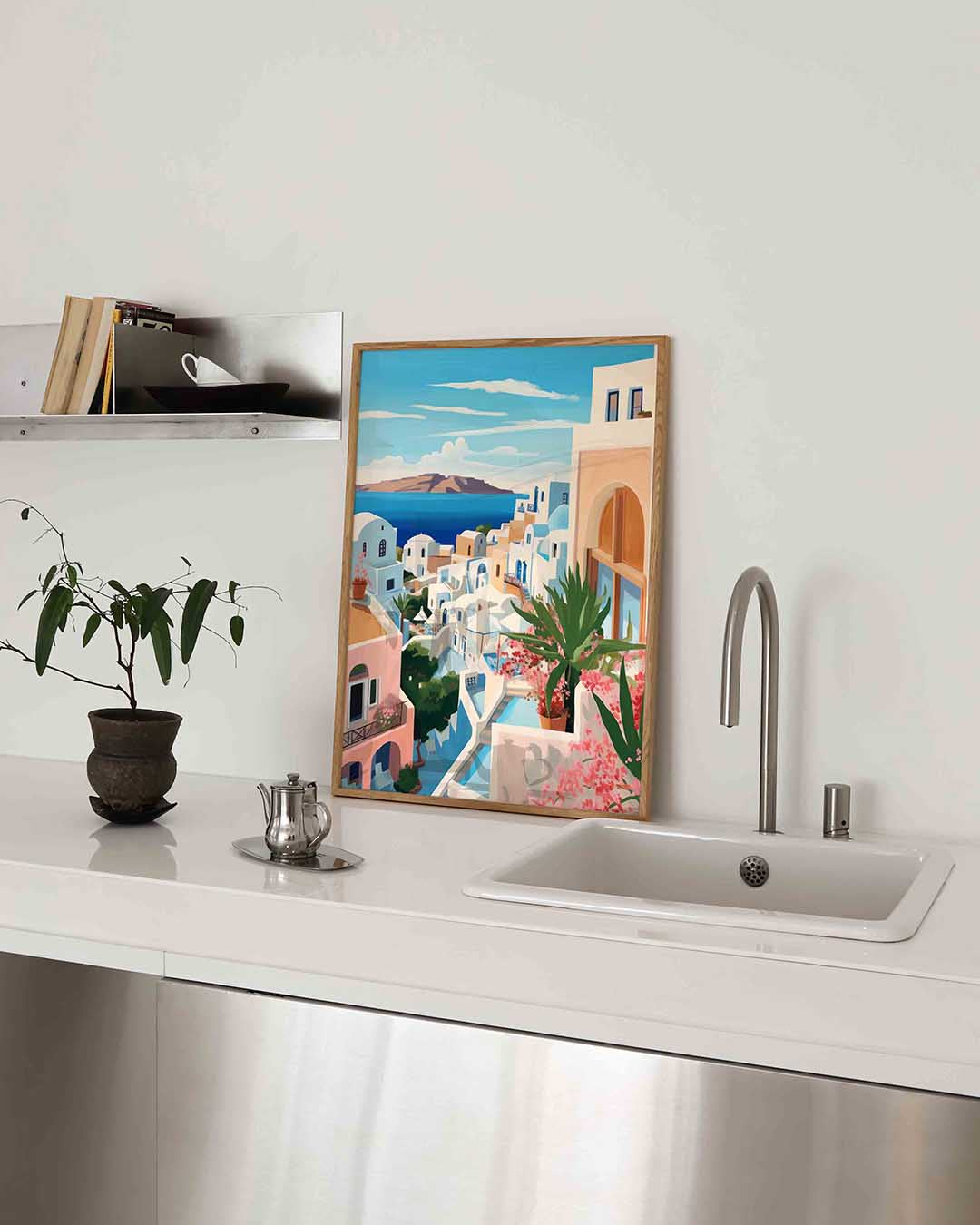 Mediterrane huizen en zee – keukenposter in staand formaat