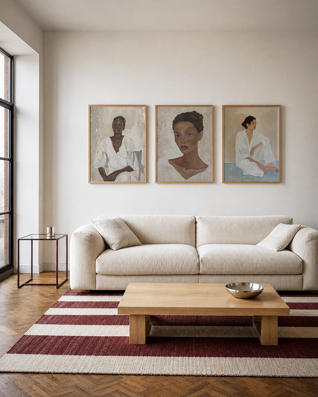 Rustige portretstudie driedelige posterset – een serene figuur in wit, met zachte penseelstreken en