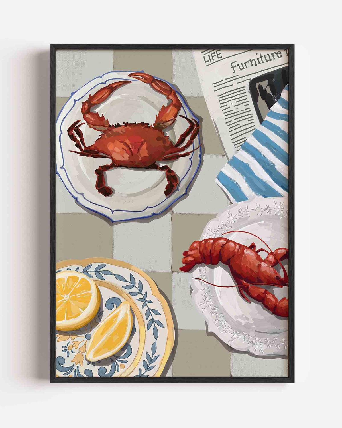 Kreeft en krab op borden – keuken portret poster als wanddecoratie