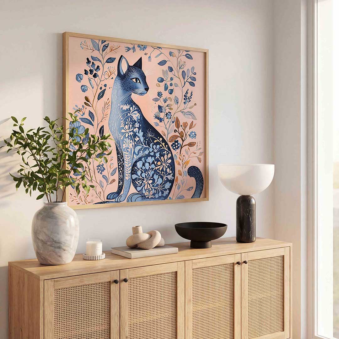 Blauwe kat met bloemen – dierenillustratie als vierkante poster