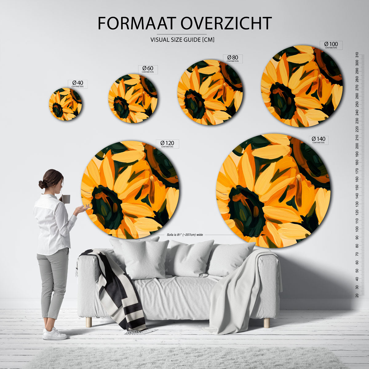 Zonnebloemen – geïllustreerde wandkunst als moderne muurcirkel